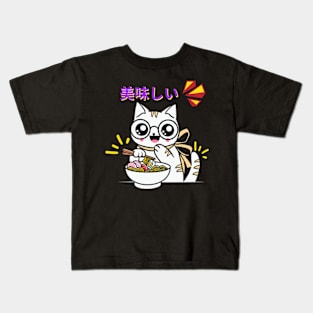 kawaii cute anime white cat eating ramen Kids T-Shirt